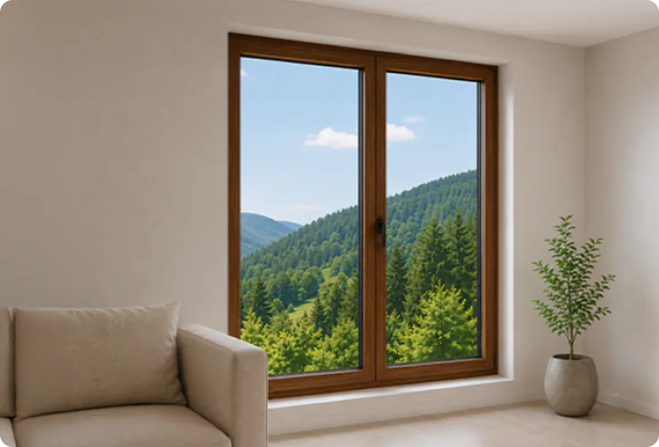Sunlit reading nook with a wood-framed window overlooking green mountains