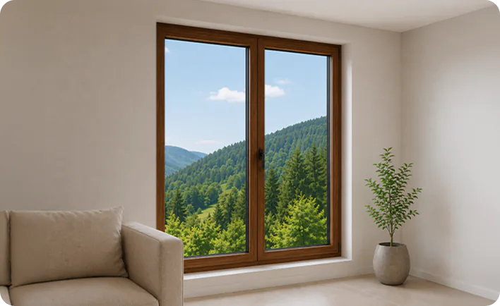 A bright UPVC window framing a lush green landscape